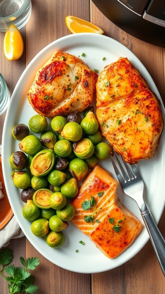 A delicious air fryer meal for two with chicken, Brussels sprouts, and salmon on a wooden table.